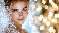 Young woman with blue eyes and gentle smile wearing white lace veil against soft bokeh lights background, winter bridal portrait with dreamy romantic atmosphere.
