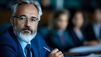 Distinguished senior businessman with gray beard and glasses in formal suit during corporate boardroom meeting with colleagues in background.