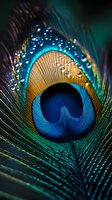 Macro shot of peacock feather with water drops showing vibrant blue, turquoise and golden colors against dark background. Natural pattern with dew droplets.