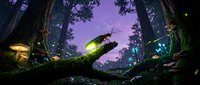Magical forest scene with glowing mushrooms and fireflies creating enchanted atmosphere among ancient trees under purple twilight sky.