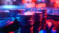 Stacks of casino chips illuminated by vibrant neon lights creating dramatic red and blue reflections against dark background with glowing bokeh effects.
