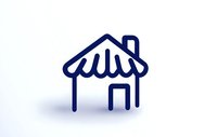 Simple line drawing of house with pitched roof and chimney in dark blue on white background, minimalist continuous single line design isolated for logos and icons.