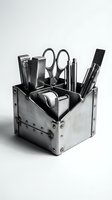 Metallic desk organizer filled with grooming and office tools including scissors, nail clippers, brushes, and pens on white background for storage solutions.