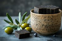 Natural black soap bars with olive and activated charcoal in ceramic bowl on dark background. Green olives and leaves create spa composition.