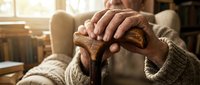 Senior adult with weathered hands holding wooden walking cane, seated indoors wearing cream cardigan. Warm natural light from window illuminates cozy home setting. Suitable for healthcare, aging, mobility, and lifestyle content.