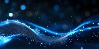Abstract blue glowing wave made of particles with bokeh effect on dark background, flowing dynamic motion with light dots and sparkles.