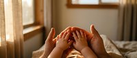 Loving parents gently cradle newborn baby head with protective hands in warm sunlit bedroom creating tender family bonding moment for parenting concepts.