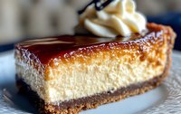 Creamy cheesecake slice with chocolate ganache topping and whipped cream dollop on chocolate cookie crust, served on blue plate, macro food photography.