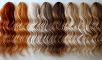 Wavy hair color palette from ginger red to platinum blonde showing different shades and tones of natural looking hair extensions arranged in gradient order.