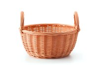 Empty woven wicker basket in peach color with two handles on white background, isolated object for design, packaging, and retail display purposes.