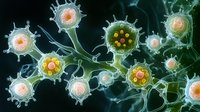 Microscopic view of glowing virus cells connected by neural pathways on dark background, scientific visualization for medical and research concepts.