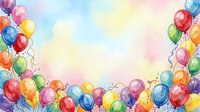 Colorful balloons with strings floating on soft watercolor background, perfect for celebration, party, birthday, and festive event designs.