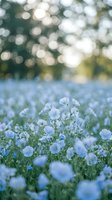 Delicate blue flax flowers blooming in natural meadow with soft bokeh background creating dreamy spring atmosphere for wellness and nature concepts.