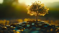 Golden tree growing on pile of coins at sunset, symbolizing financial growth, investment success, and wealth prosperity.