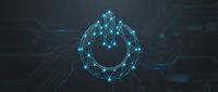 Glowing blue power button symbol made of connected dots and lines on dark circuit board background, futuristic technology concept.