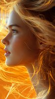 Side profile portrait of young woman with flowing blonde hair illuminated by warm golden light against dark background, wind effect creating ethereal movement.