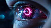Futuristic cybernetic eye with glowing pink digital iris and technological elements against dark background, representing artificial intelligence and bionic vision.