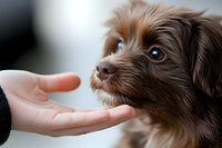 Brown mixed breed puppy with striking blue eyes gently touching human hand, showing trust and affection in soft focus close-up portrait.
