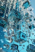 Floating crystal cubes with AI symbol in turquoise water with splashing droplets and bubbles against blue background, macro photography with selective focus.