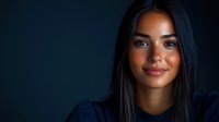 Young Hispanic woman with long dark hair and natural makeup smiling confidently against dark blue background, professional headshot style portrait for business or modeling.