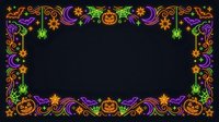 Neon glowing Halloween border frame with jack-o-lanterns, bats, moons, and stars on black background. Isolated design element for seasonal graphics and festive projects.