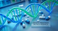 DNA double helix structure with pharmaceutical capsules for genetic medicine and biotechnology research applications in modern laboratory setting.