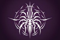 Stylized white tribal spider design with symmetrical pattern and sharp angular elements on dark purple background, suitable for tattoo art or logo design.