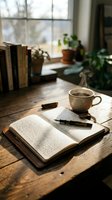 Cozy reading corner with open book, steaming coffee cup and fountain pen on rustic wooden table by window with houseplants creating warm morning atmosphere.