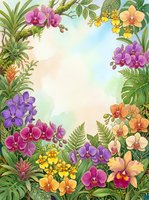Watercolor tropical floral frame with colorful orchids, ferns, and lush foliage surrounding a soft pastel copy space center.