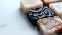 Artisanal chocolate bonbons with elegant marble swirl pattern in black, white and caramel colors on light background, macro food photography for confectionery marketing.