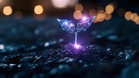 Glowing neon plant sprout emerging from dark soil with geometric polygon leaves against blurred bokeh lights background, symbolizing digital growth and innovation.