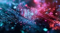 Futuristic circuit board with glowing pink and blue neon lights creating depth effect, macro photography of electronic components showing technology advancement.