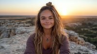 Young Caucasian woman with long wavy hair smiling at sunset, wearing casual purple top against rocky desert landscape background, natural golden hour lighting creates warm atmosphere.