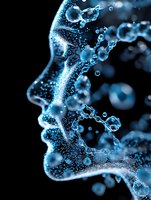 Glowing blue profile silhouette with floating molecular particles and bubbles against black background creates futuristic scientific visualization effect.