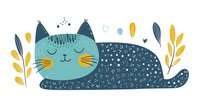Cute sleeping cat with decorative patterns surrounded by botanical elements on white background isolated for design projects.