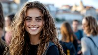 Young woman with wavy blonde hair and bright smile wearing black top outdoors in urban setting with blurred crowd background, natural lighting creates warm atmosphere.