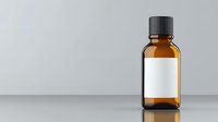Amber glass bottle with blank white label on gray background, minimalist pharmaceutical or cosmetic packaging mockup for product presentation.