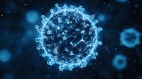 Glowing blue coronavirus cell structure on dark background with network connections and particles showing detailed molecular visualization for medical research.