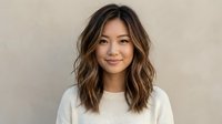 Young Asian woman with wavy brown hair and highlights smiling warmly in cream sweater against neutral background for lifestyle and fashion content.