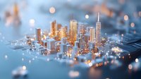 Futuristic cityscape with glowing skyscrapers and circuit board elements merged in dreamy bokeh light effect, representing smart city technology and urban innovation.