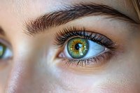 Close-up macro shot of bright green eye with long eyelashes and defined eyebrow, showing intricate iris details and natural eye makeup in soft daylight.