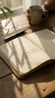 Person holding ceramic mug while writing in open notebook with pen on wooden desk near window with plant and natural sunlight for journaling, studying, or creative writing projects.