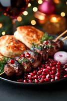 Grilled meat kebab with pomegranate seeds, red onion rings and fresh buns served on black plate against festive bokeh lights background for holiday dinner.