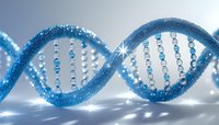 Glowing blue DNA helix structure with sparkling particles and light effects on gray background, representing genetic science and biotechnology research.