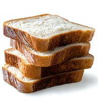 Stack of fresh white bread slices with golden brown crust on white background, close up view showing soft texture and layers for sandwich making.