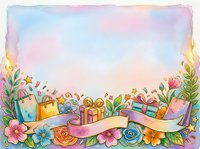 Watercolor illustration of colorful gift boxes, present ribbons, and blooming flowers arranged along bottom border with pastel gradient sky background, isolated on white for greeting cards and celebrations.