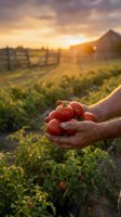 Farmer hands holding fresh ripe tomatoes at sunset in organic garden with barn and fence background for healthy eating and agriculture concepts.