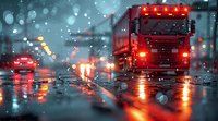 Red truck driving on wet highway during heavy rain with reflective lights and bokeh effect. Atmospheric night transportation scene with cars in stormy weather conditions.