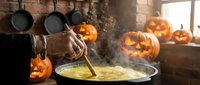 Witch pouring magical potion into cauldron with carved jack-o-lanterns glowing in rustic kitchen, perfect for Halloween themed designs and seasonal marketing.