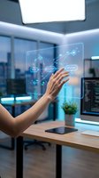 Businesswoman interacting with futuristic holographic interface displaying network connections in modern office environment for digital transformation.